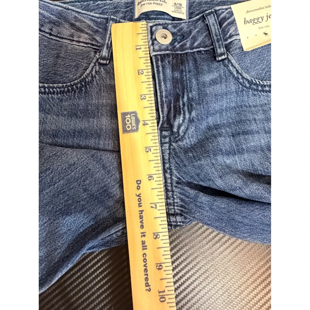 Abercrombie Kids Low Rise Baggy Jeans Blue Pink Side Stripe Bows 9/10 Long NWT